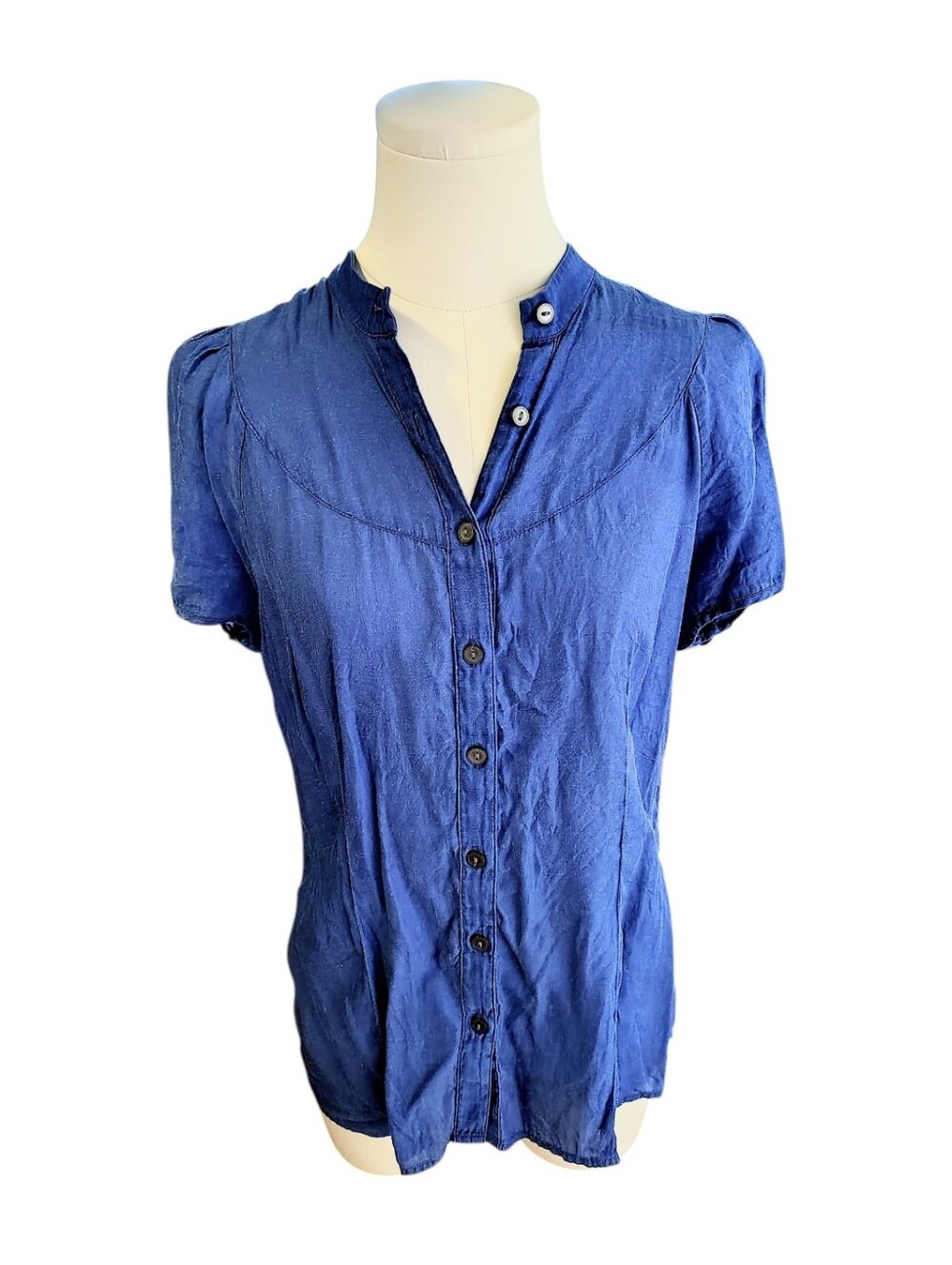 Vintage Banana Republic Cobalt Blue Puffy Sleeve Silk Buttondown Top Size Medium